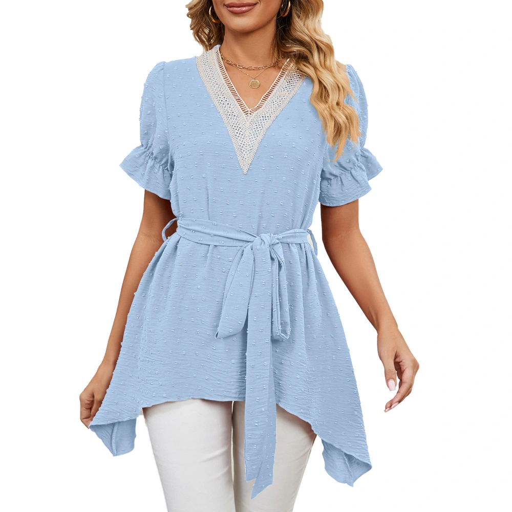 Long Swiss Dot Blouse Tie Waist Puff Ruffle Sleeve Lace Trim Curve Hem V Neck Tunic Blouse Top Sky Blue XL