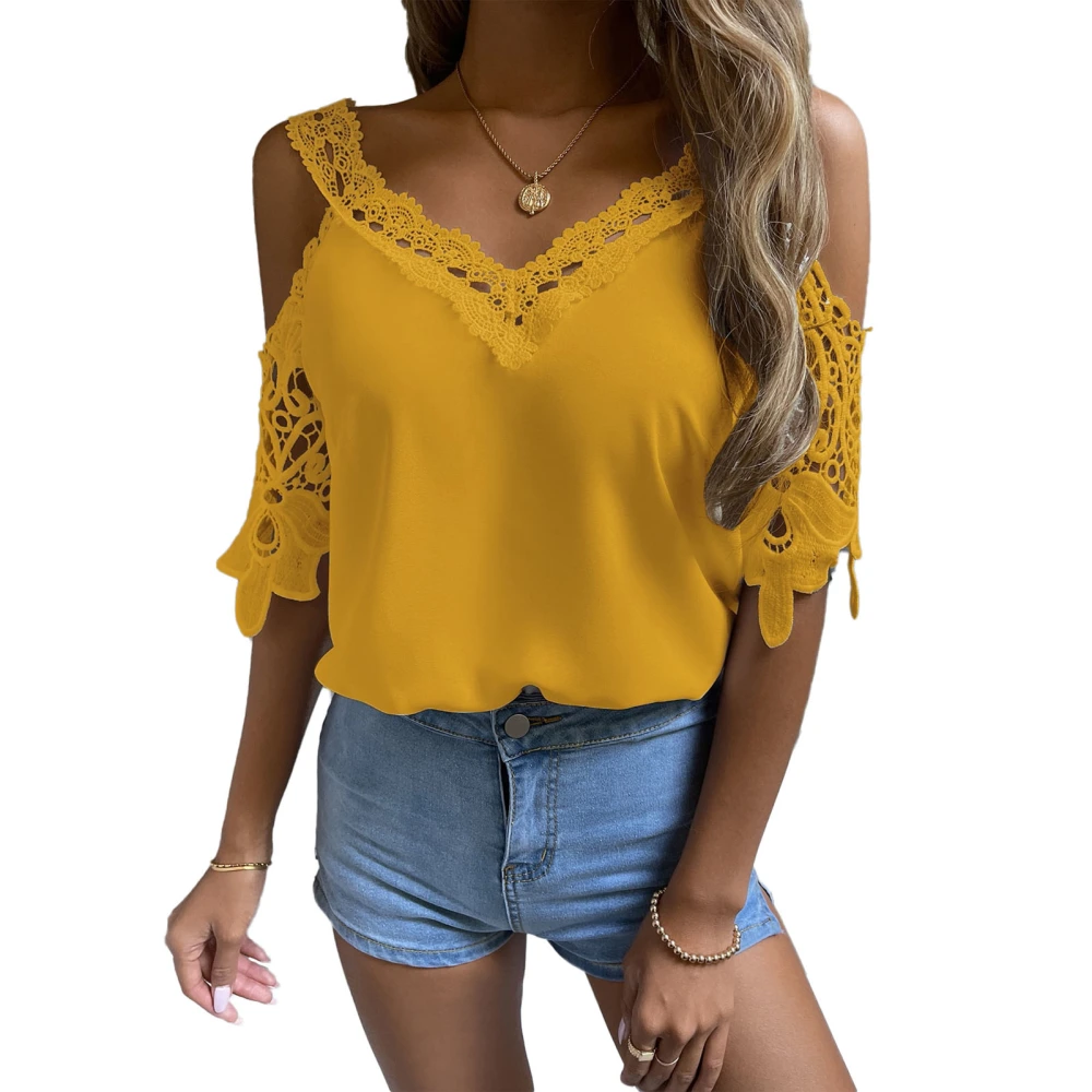 Womens Summer V Neck Cold Shoulder Top Cut Out Lace Trim Half Sleeve Pure Color T Shirt Ginger XL