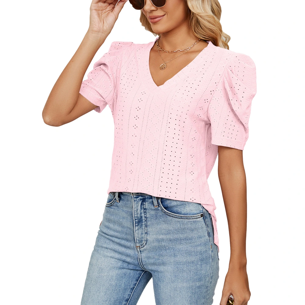 Women V Neck Top Puff Sleeve Shirt Short Sleeve Top Loose Hollow Out Slim Shirt Pink M