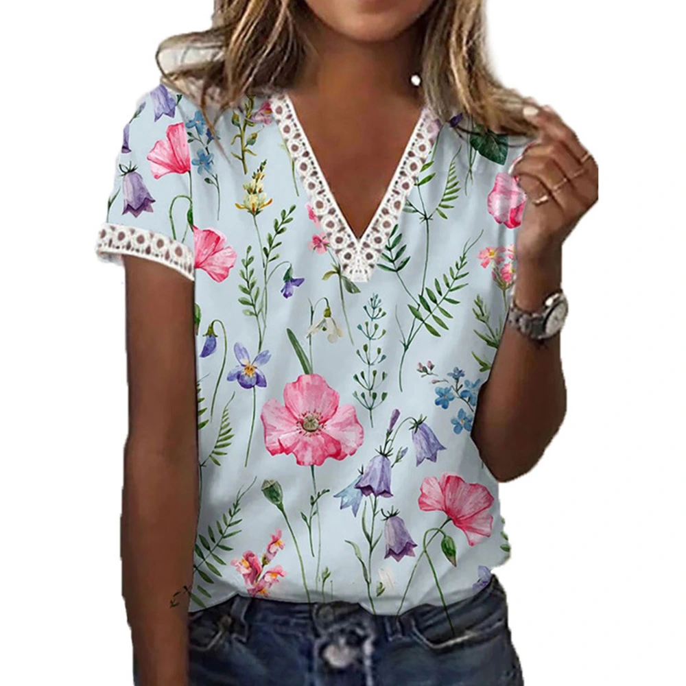 Women Floral Print Shirt Short Sleeve V Neck Lace Trim Stylish Women Shirt Top for Daily Work Dating Blue XL