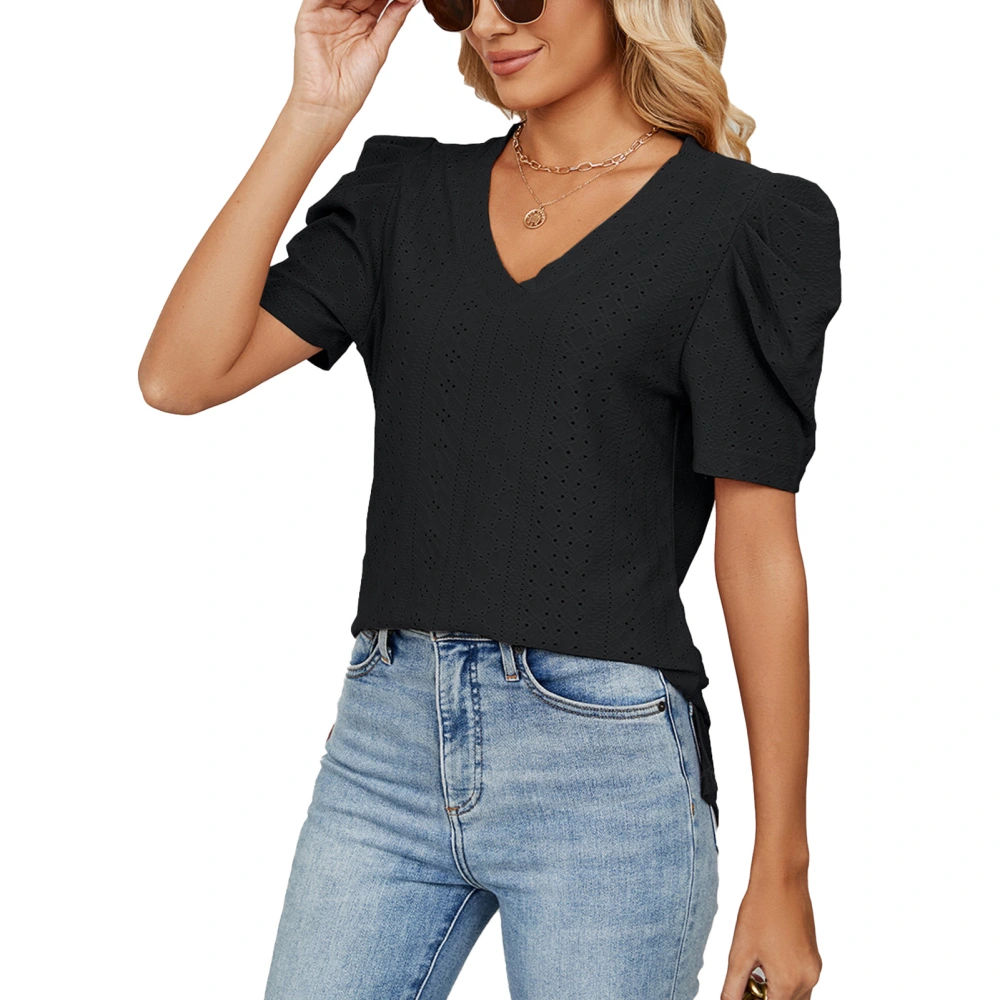 Women V Neck Top Puff Sleeve Shirt Short Sleeve Top Loose Hollow Out Slim Shirt Black S