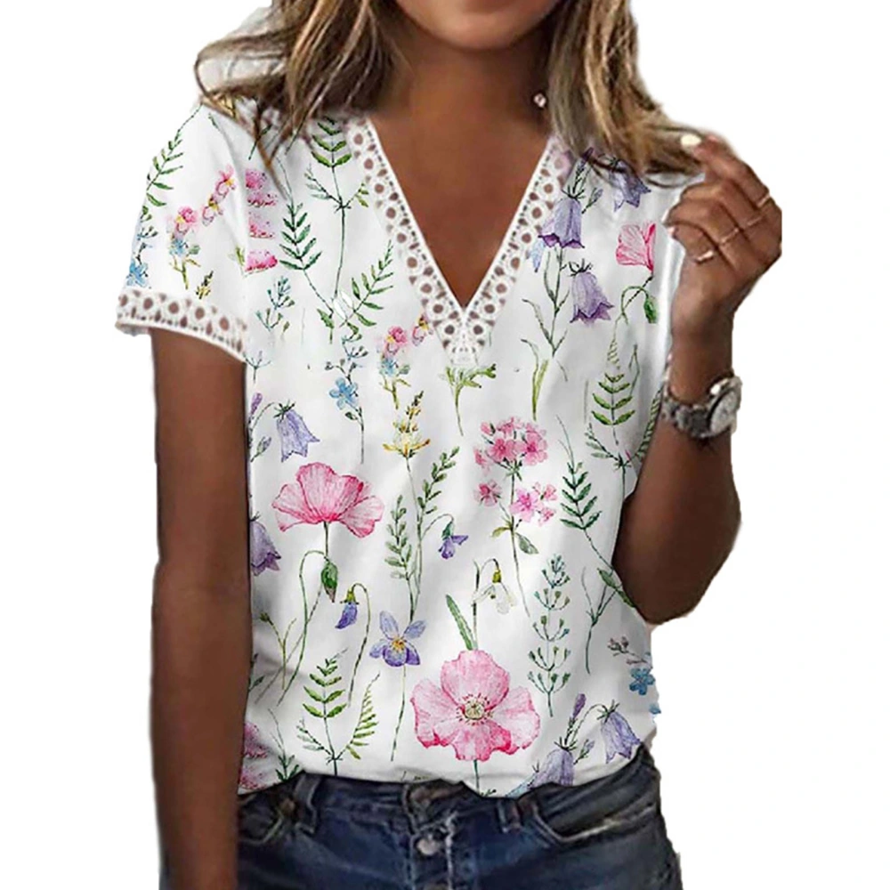 Women Floral Print Shirt Short Sleeve V Neck Lace Trim Stylish Women Shirt Top for Daily Work Dating White S