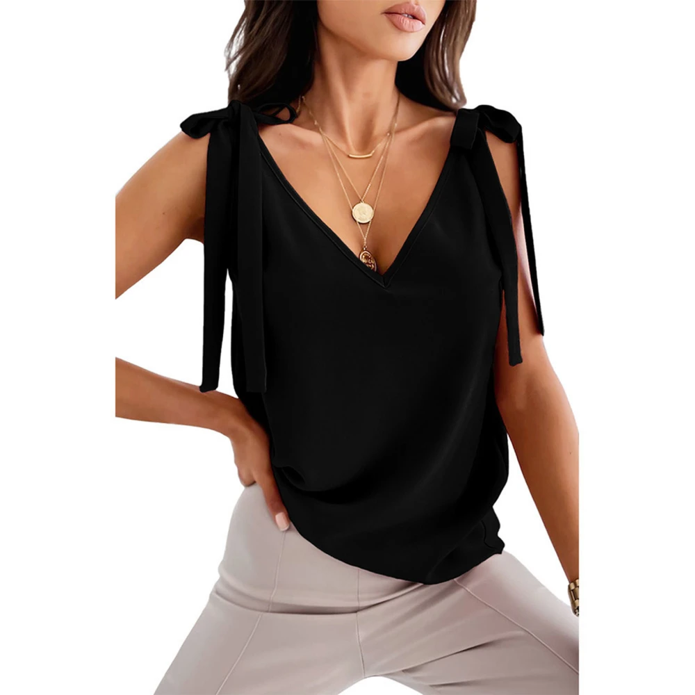 Tie Shoulder Strap Tank Top V Neck Top Sleeveles Blouse Slim Tie Up Shoulder Fit Black S