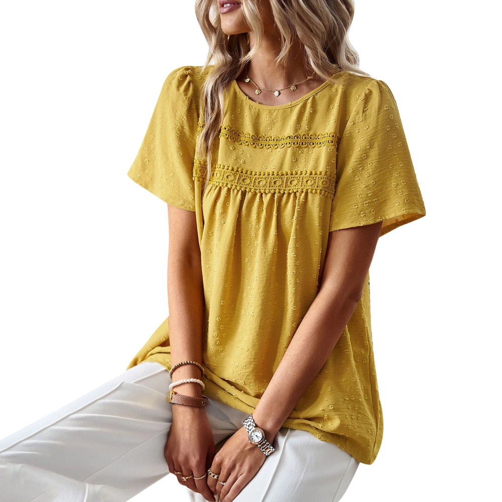 Short Sleeve Crewneck Top Women Elegant Casual Loose Pure Color Swiss Dot Lace Crochet Shirt Blouse Yellow S