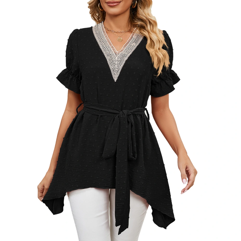 Long Swiss Dot Blouse Tie Waist Puff Ruffle Sleeve Lace Trim Curve Hem V Neck Tunic Blouse Top Black L