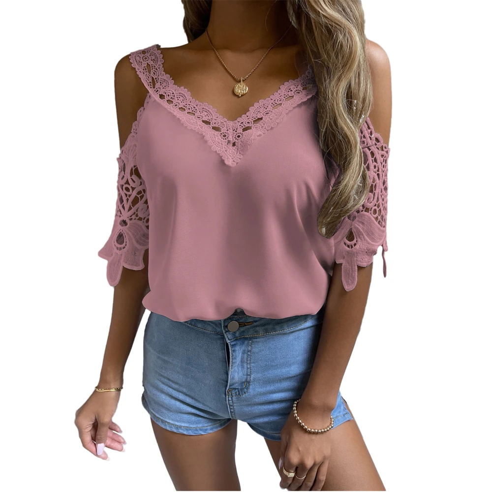 Womens Summer V Neck Cold Shoulder Top Cut Out Lace Trim Half Sleeve Pure Color T Shirt Pink XL