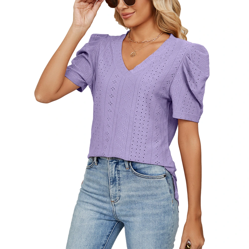 Women V Neck Top Puff Sleeve Shirt Short Sleeve Top Loose Hollow Out Slim Shirt Purple M