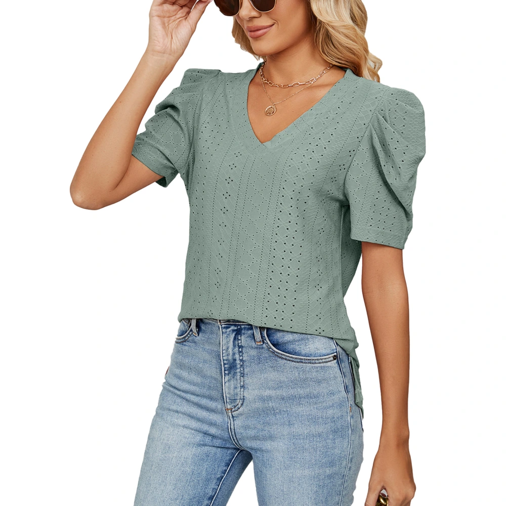 Women V Neck Top Puff Sleeve Shirt Short Sleeve Top Loose Hollow Out Slim Shirt Pea Green XXL