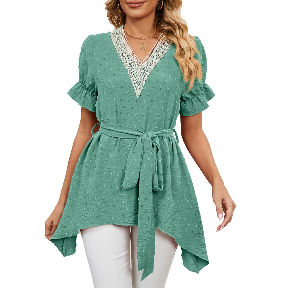 Long Swiss Dot Blouse Tie Waist Puff Ruffle Sleeve Lace Trim Curve Hem V Neck Tunic Blouse Top Green M