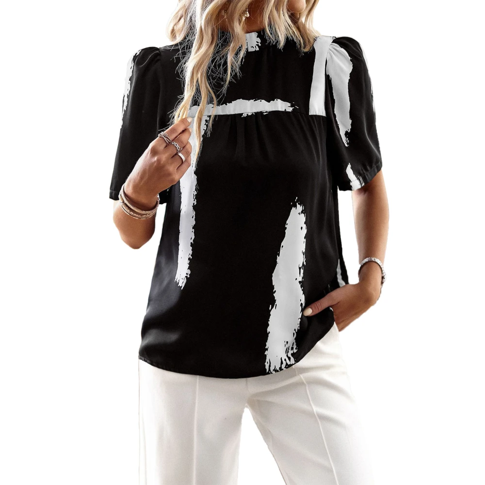 Round Neck Blouse Abstract Printing Short Sleeved Bow Back Casual Tee Shirt Blouse for Women Summer Black L