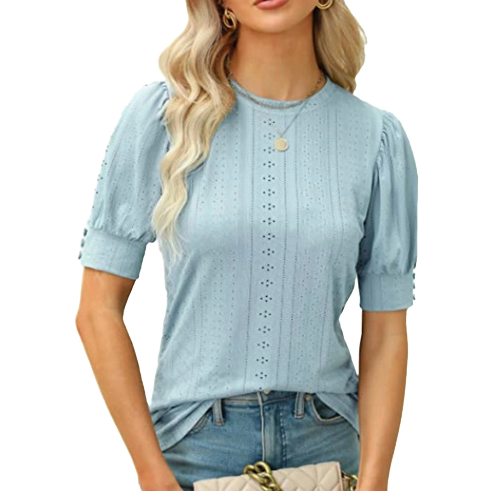 Women Puff Short Sleeve Tops Spring Summer Fashion Round Neck Women Casual Short Sleeve Blouse Tops Light Blue L