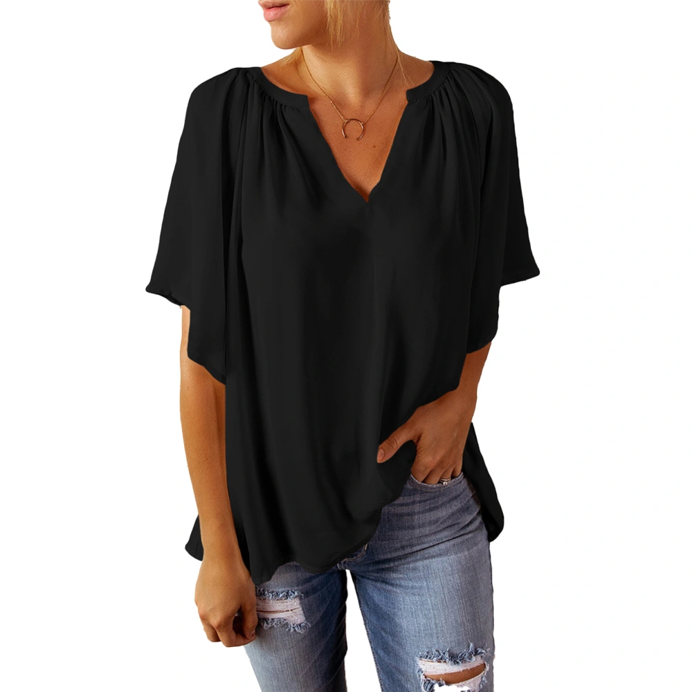 Loose V Neck Blouse Bell Short Sleeve Ruched Pure Color Pleated Shirt Top for Women Summer Black M