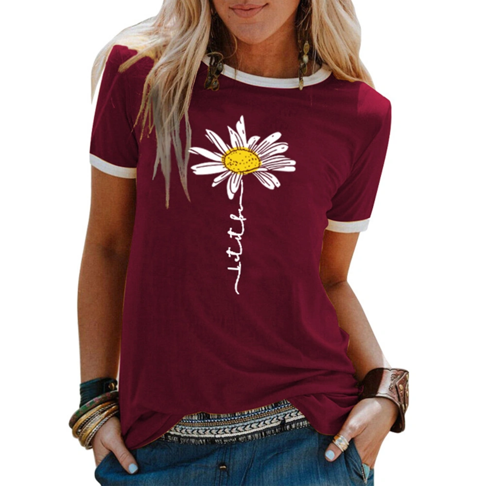 Women T Shirt Crew Neck Short Sleeve Comfortable Top Breathable Tee for Party Office Wine Red M