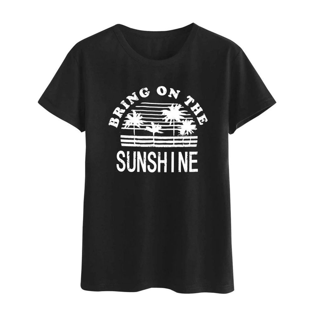 Letter Print T Shirt Minimalist Fashionable Loose Casual Short Sleeve Round Neck Top for Spring Summer Black L