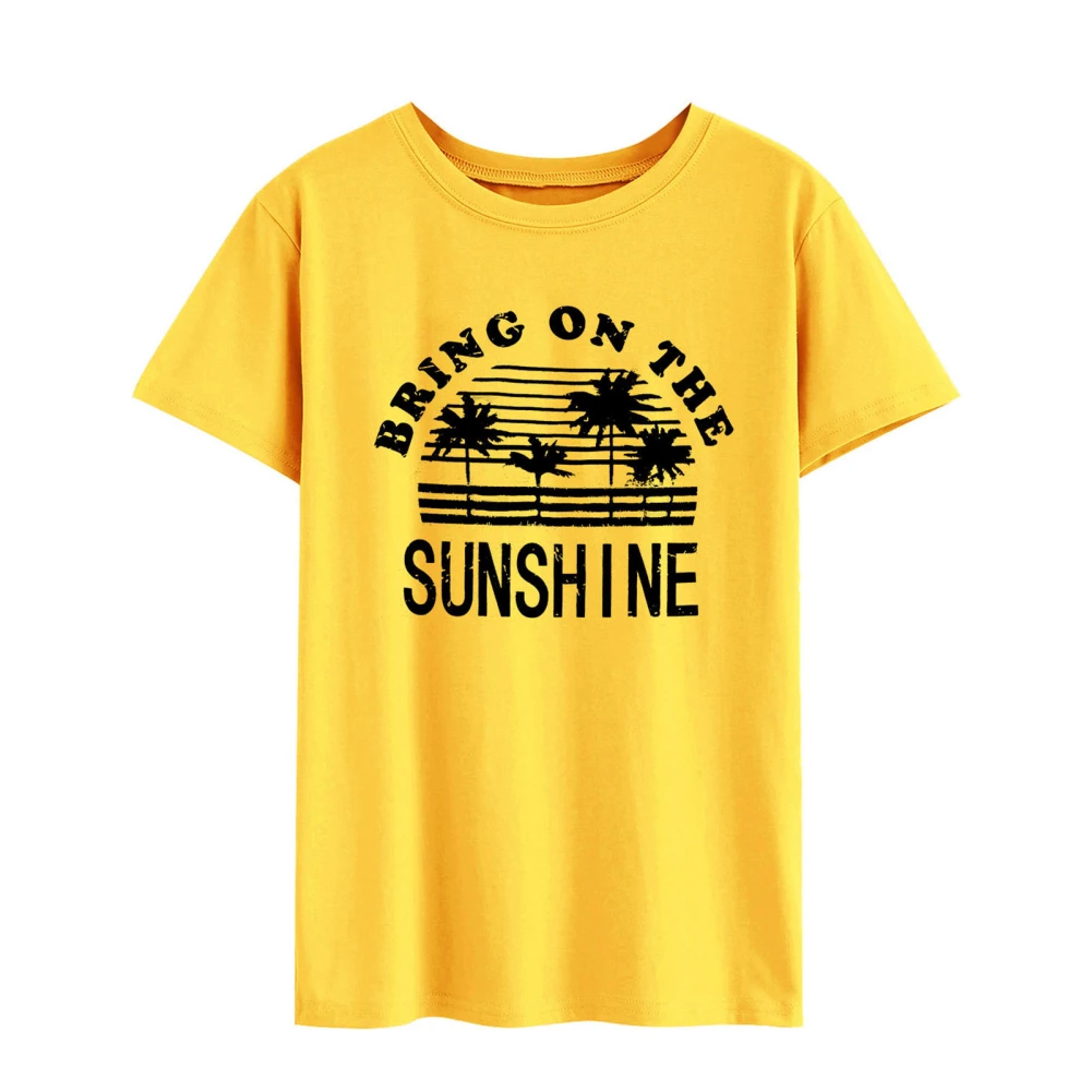 Letter Print T Shirt Minimalist Fashionable Loose Casual Short Sleeve Round Neck Top for Spring Summer Yellow (Black Letters) L