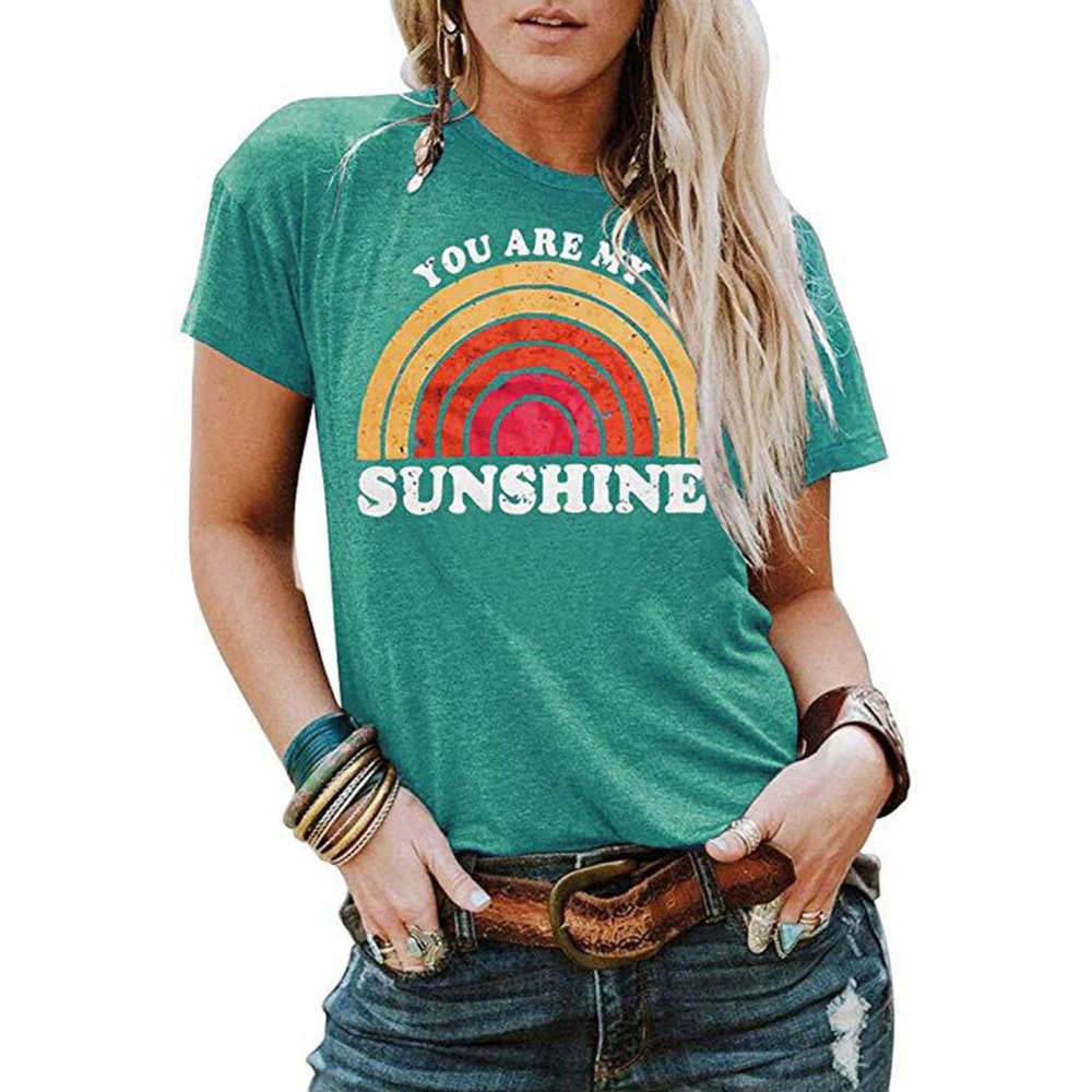 Women Crewneck Short Sleeve T Shirt Fashionable Casual Letter Printing Women Short Sleeve Tops Green L