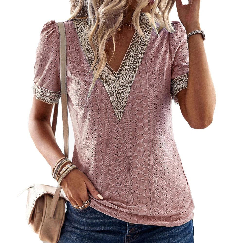 Women V Neck Patckwork Top Lace Top Hollow Out Shirt Casual Blouses Shirt Short Sleeve Shirt Pink S