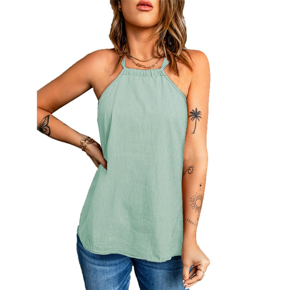 Halter Neck Blouse Tie Knot Back Elastic Neck Pure Color Casual Sleeveless Blouse for Women Green S