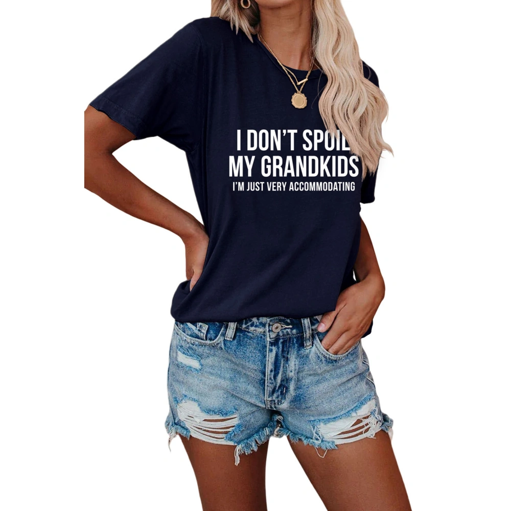 Women Crewneck Letter Print T Shirt Soft Fashionable Loose Casual Short Sleeve Top Blouse for Party Navy Blue XL