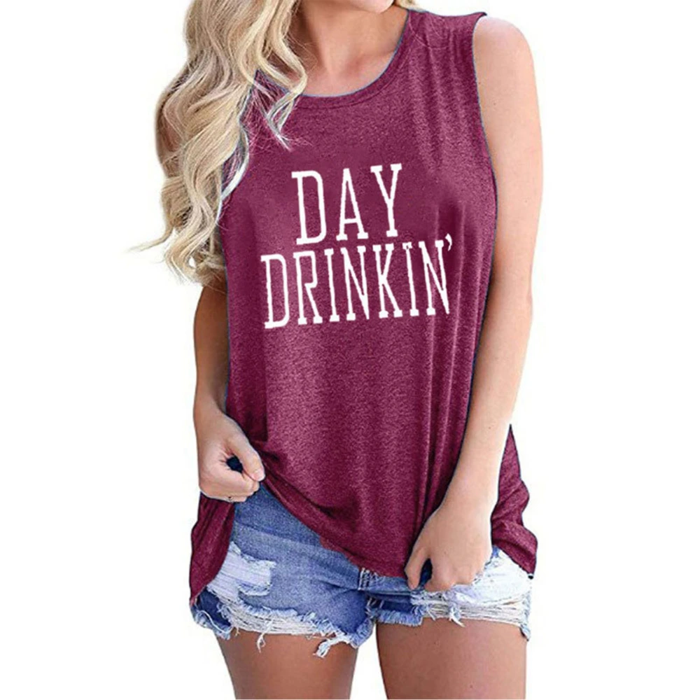 Women Top Clear Character Tank Top Crew Neck Sleeveless Comfortable for Date Travel Purplish Red S