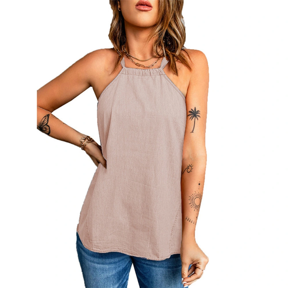 Halter Neck Blouse Tie Knot Back Elastic Neck Pure Color Casual Sleeveless Blouse for Women Pink L