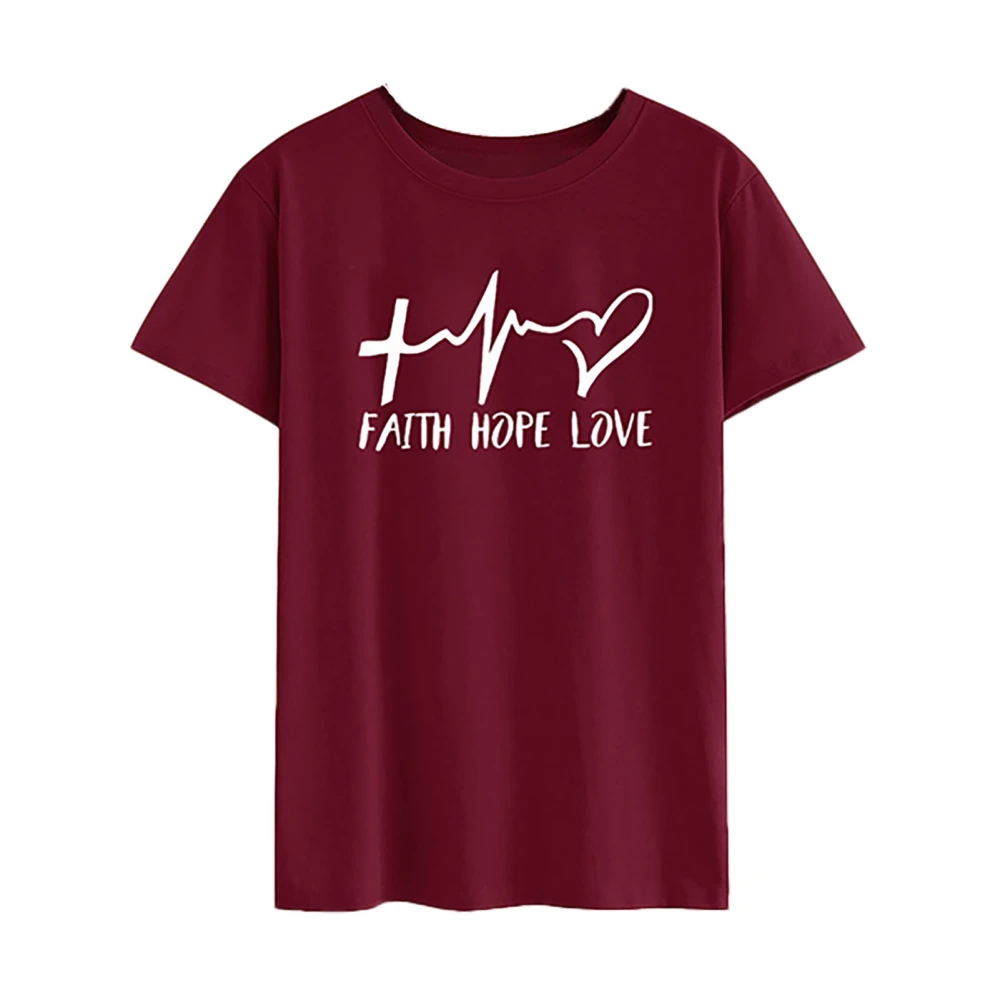 Short Sleeve Letter T Shirt Heart Pattern Soft Crewneck Casual Loose Letter Summer Shirt Wine Red (White Letter) M