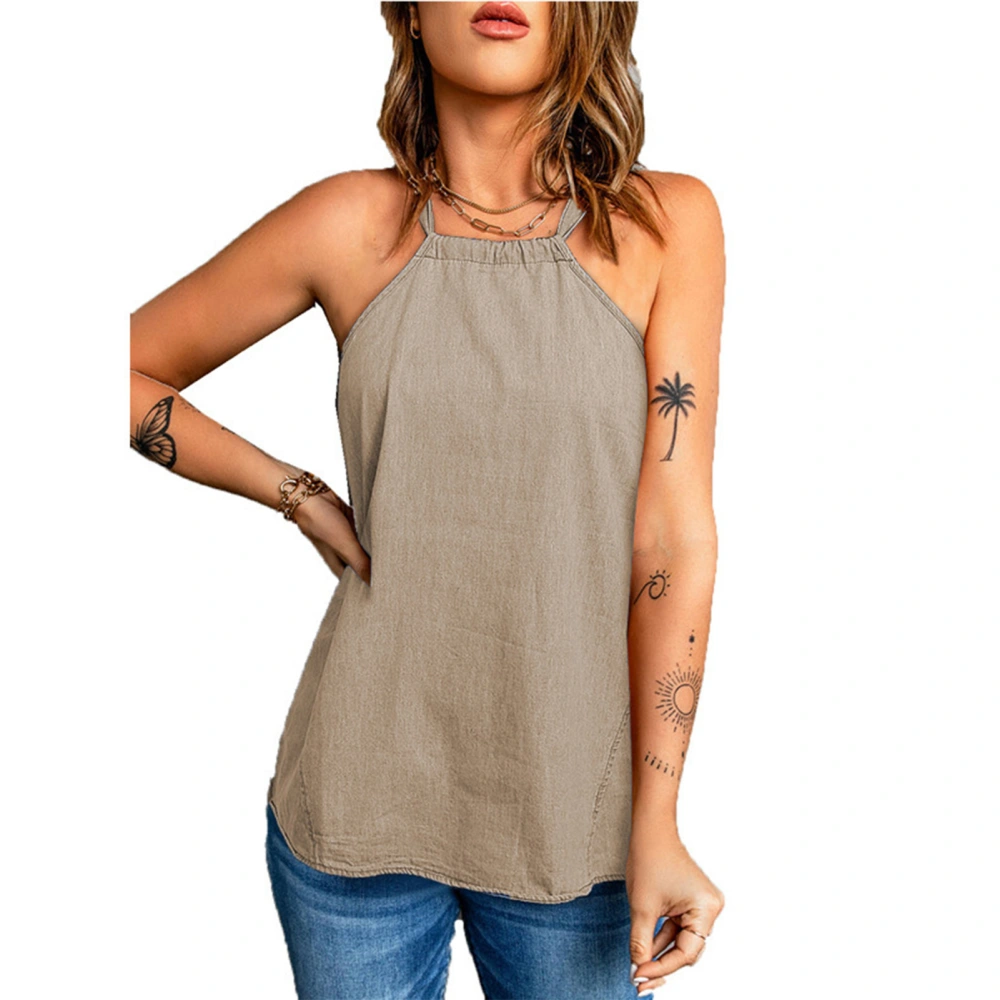 Halter Neck Blouse Tie Knot Back Elastic Neck Pure Color Casual Sleeveless Blouse for Women Khaki M