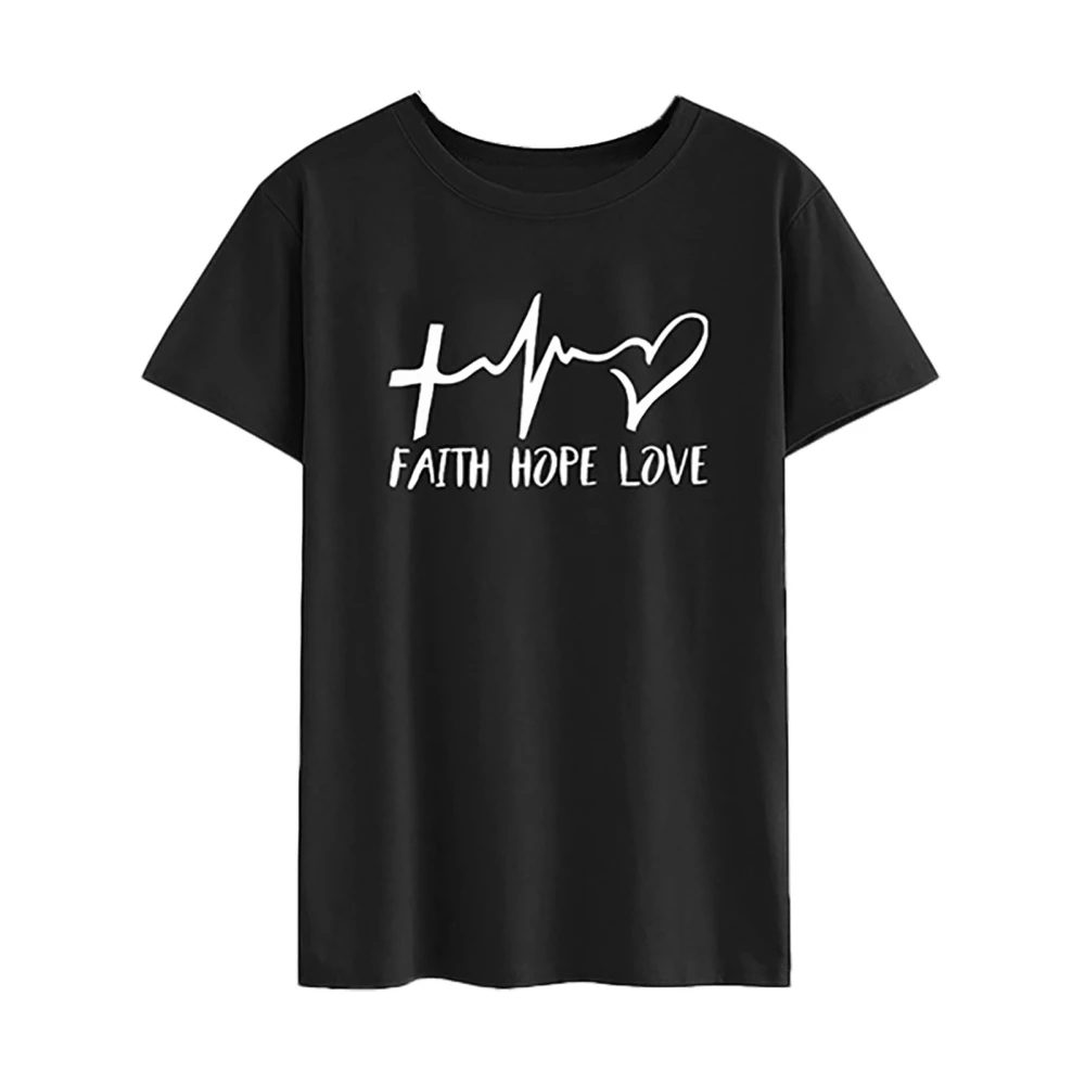 Short Sleeve Letter T Shirt Heart Pattern Soft Crewneck Casual Loose Letter Summer Shirt Black (White Letter) M