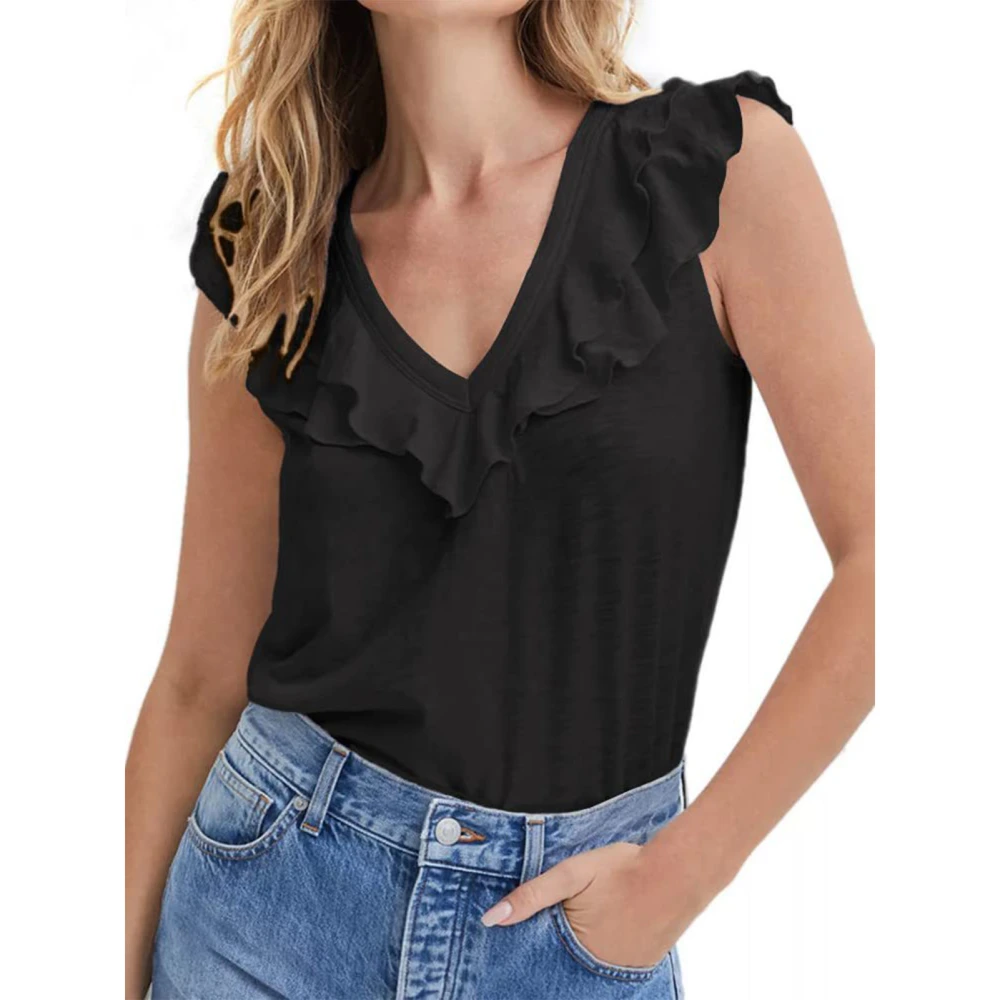 Women Ruffle Hem Sleeveless Top V Neck Pure Color Breathable Fashionable Summer Tank Top Black L