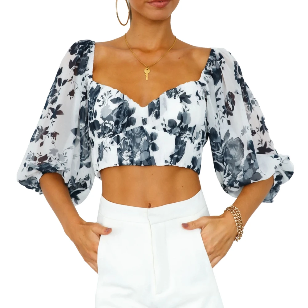 Women V Neck Chiffon Top Half Puff Sleeves Pleated Chest Short Type Floral Pattern T Shirt White XL