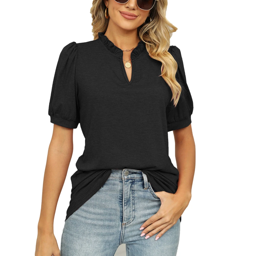 Women Short Sleeve Top V Neck Ruched Loose Breathable T Shirt Tee for Spring Summer Black M