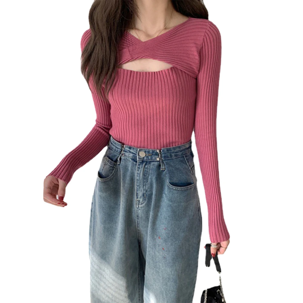 Cutout Rib Knit Top Slim Fit Long Sleeve Twist Front Cut Out Pullover Shirt Top for Women Rose Red Free Size