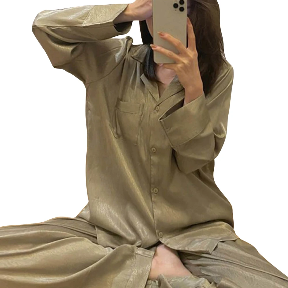 Women Long Sleeve Pajamas Set Jacquard Turn Down Collar Full Length Pants Sleepwear Brown L