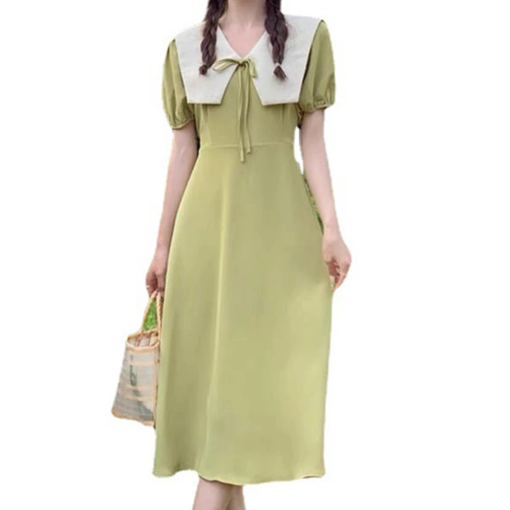 French Long Dress Retro Elegant V Neck High Waist Summer Casual Dress for School Work Travel Green Dress M