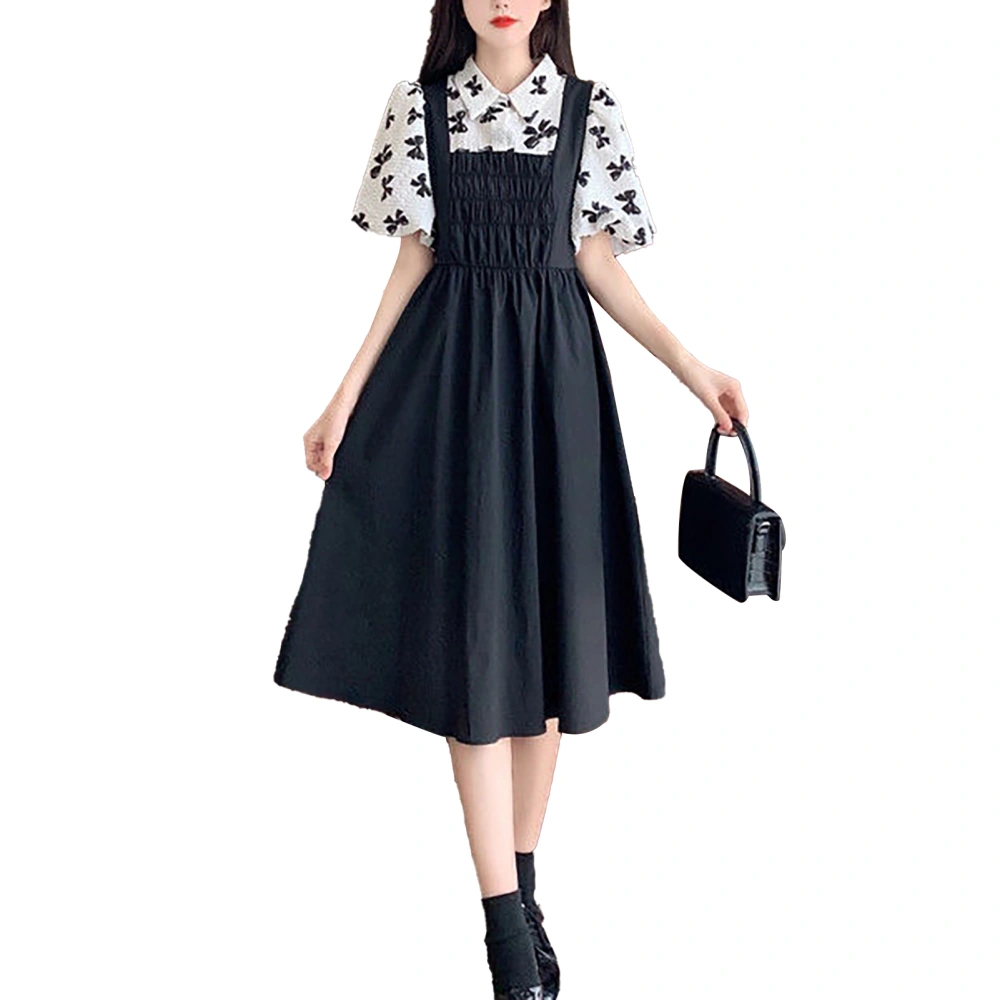 Women Dress Short Puff Sleeve Turn Down Collar Elastic Waist Fake Two Pieces Dress for School Party Daily Black M