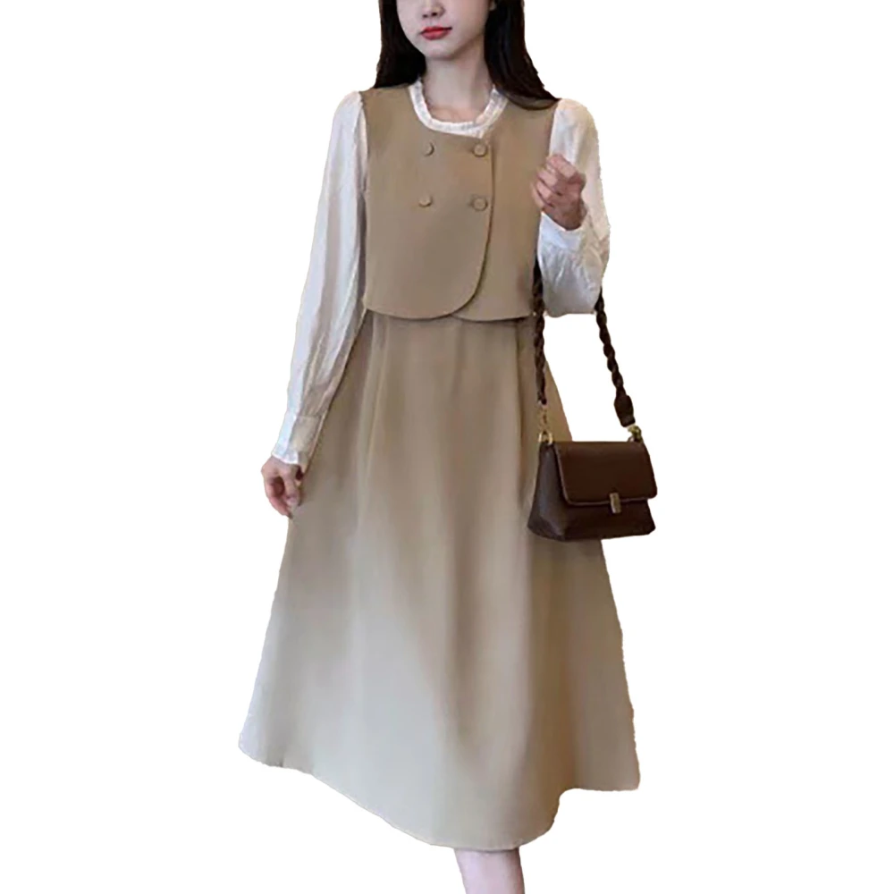 Women Long Dress Fake 2 Pieces Fashionable Elegant Sweet A Line Dress with Zipper for Daily School Khaki L