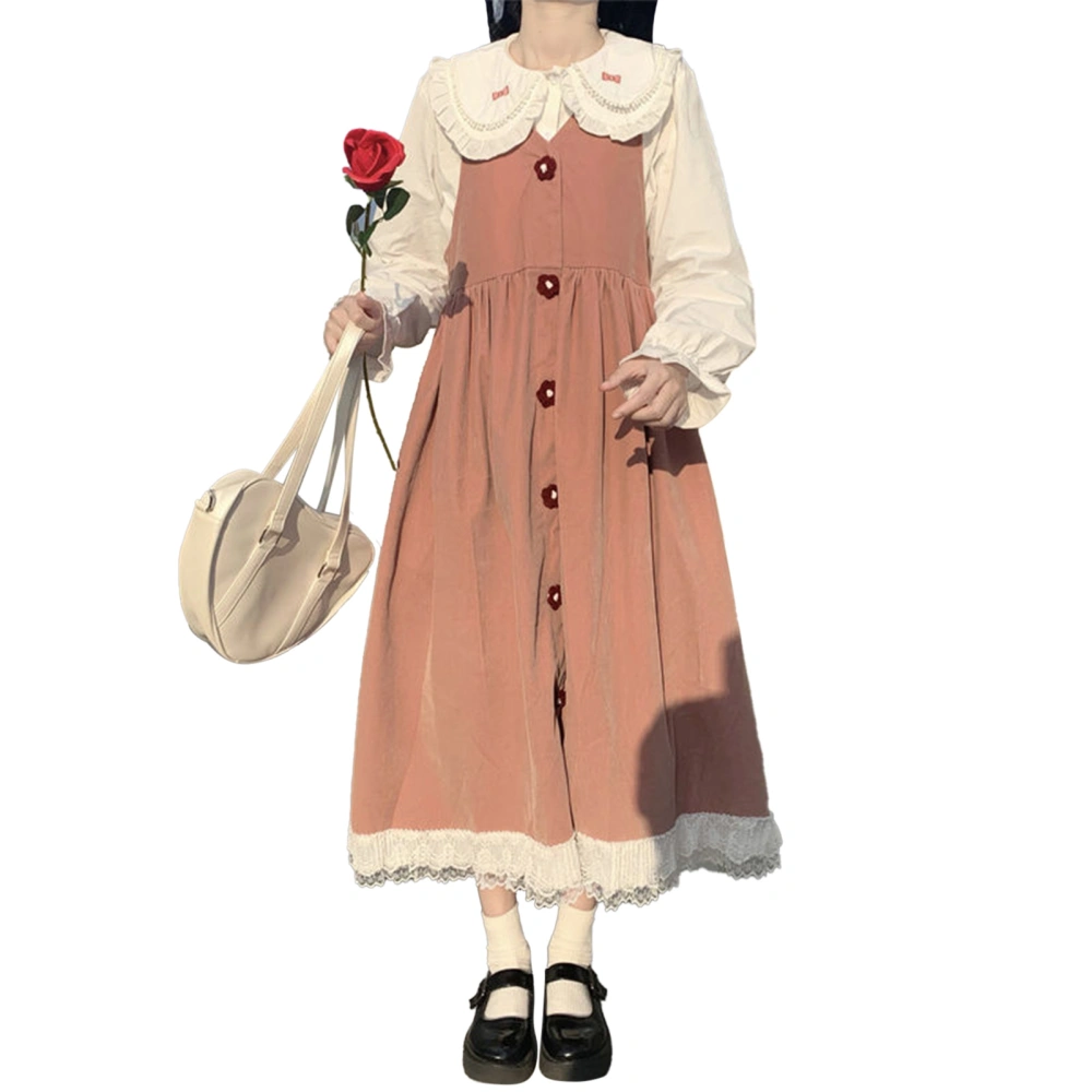 Girls Suspender Skirt and Shirt Loose Medium Length Button Down A Line Lace Hem Overall Dress Doll Collar Shirt Top Pink Suspender Skirt and Shirt S