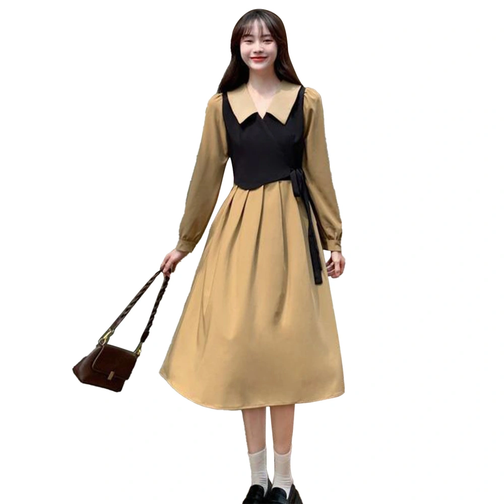 Long Sleeve Dress Tie Waist Elegant Fake Two Pieces College Style Dress for Autumn Daily Party Shopping Dress XL Recommended Within 57.5‑65kg / 126.8‑143.3lb