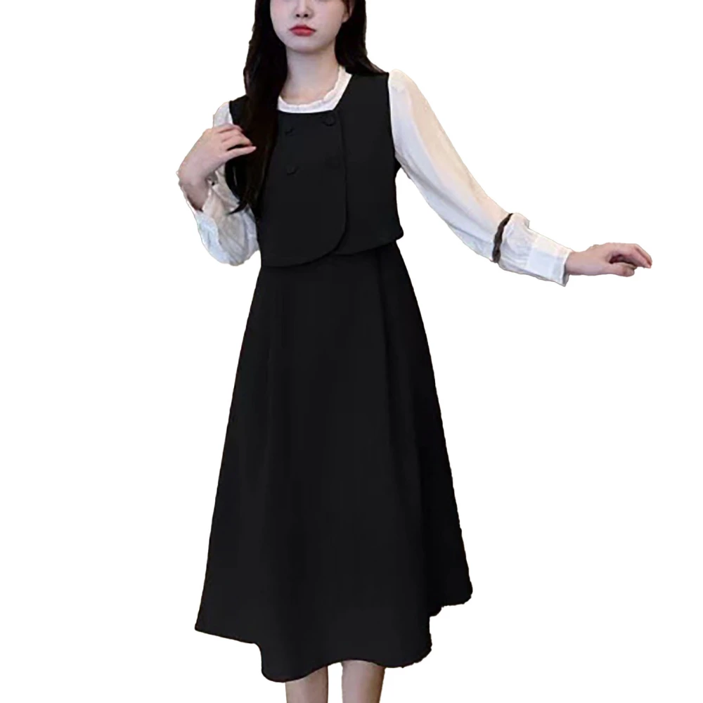 Women Long Dress Fake 2 Pieces Fashionable Elegant Sweet A Line Dress with Zipper for Daily School Black L