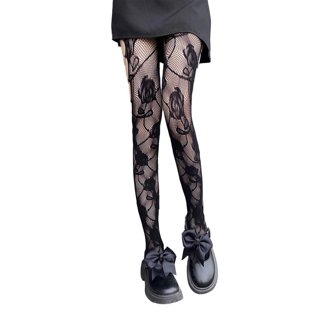 Women Fishnet Stockings Floral Patterns High Elasticity Hollow Out Pantyhose for Night Out Black Free Size