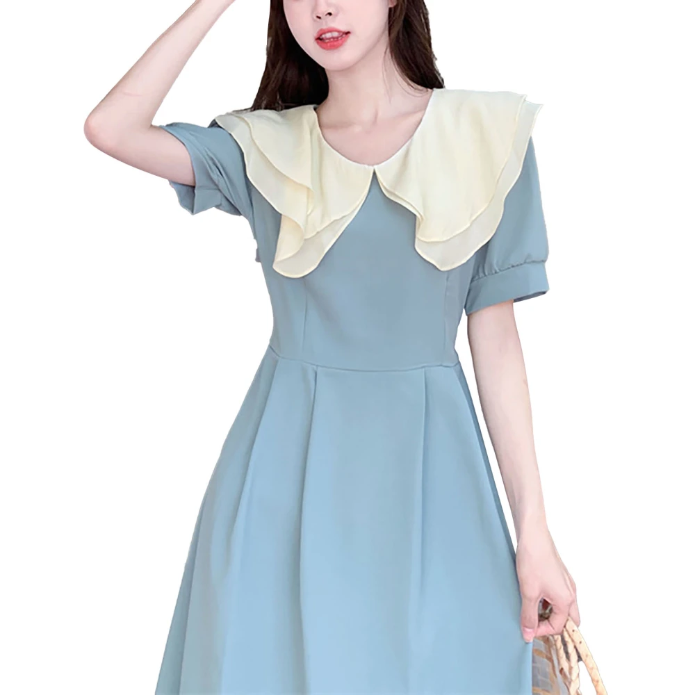 Women Long Dress Fashionable Sweet Short Sleeve Women Summer Dress for Daily Travel Blue L