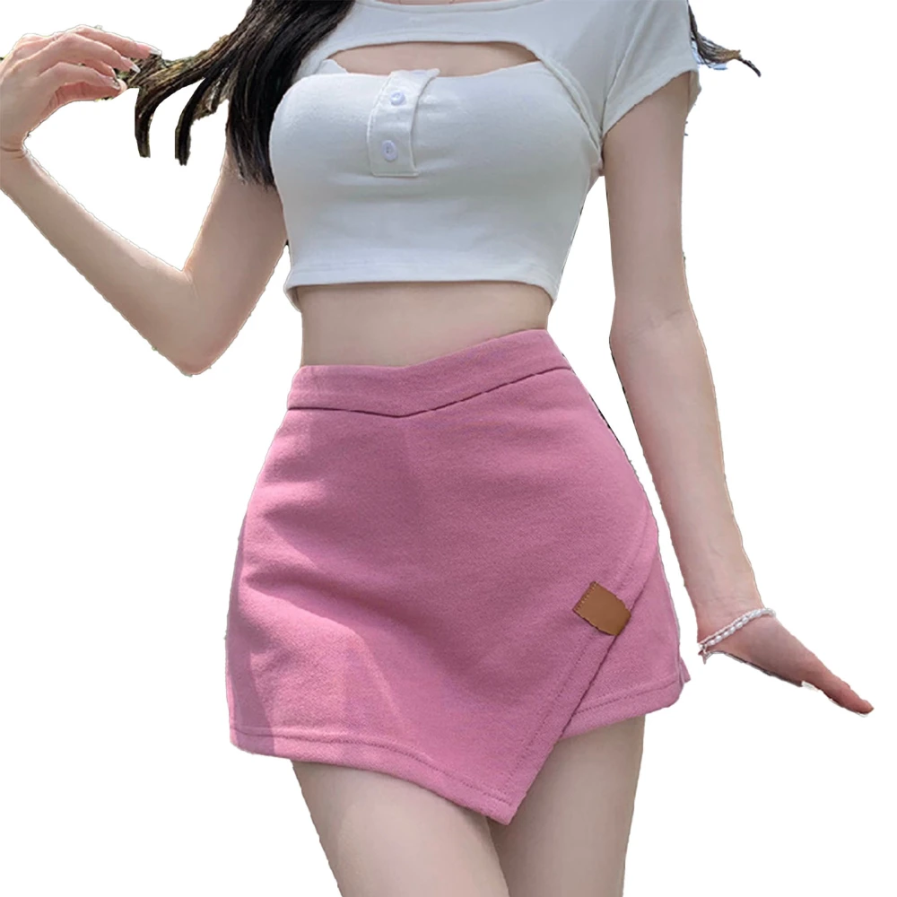 Skirt High V Waist A Line Irregular Hem Plain Stylish Spicy Miniskirt for Street Daily Pink M