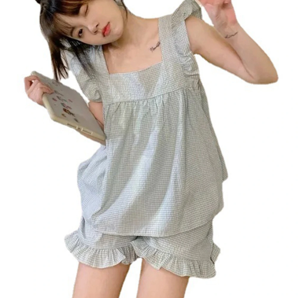 2 Piece Ruffle Sleepwear Sleeveless Top Shorts Soft Lovely Plaid Print Pajamas Set for Summer Ruffle Sleepwear Set M