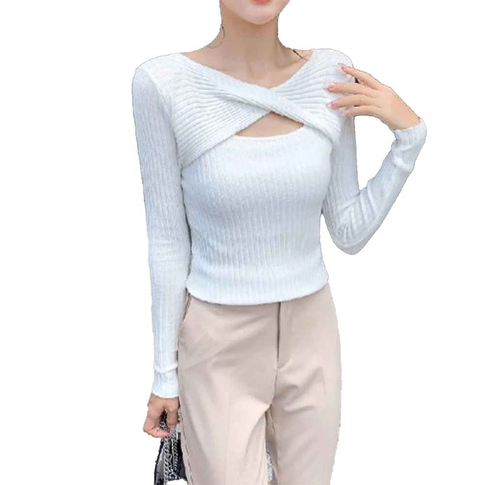 Cutout Rib Knit Top Slim Fit Long Sleeve Twist Front Cut Out Pullover Shirt Top for Women White Free Size