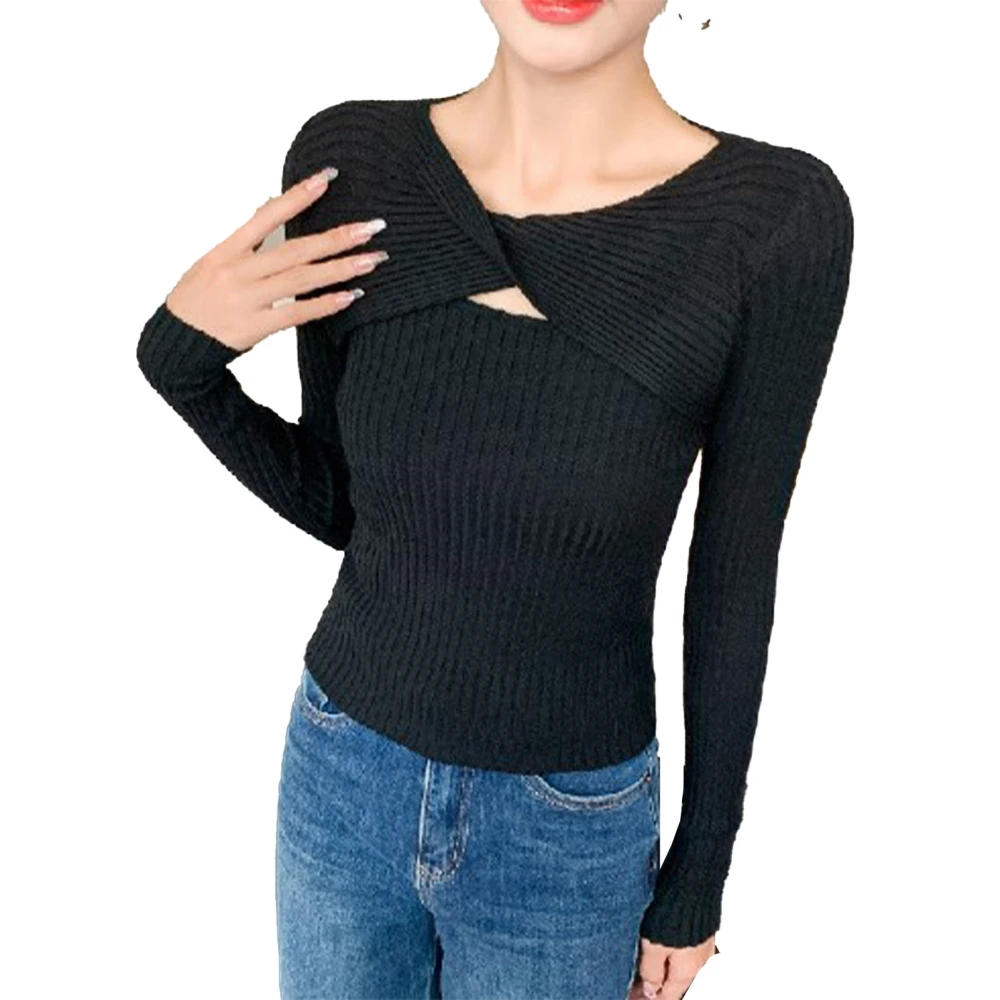 Cutout Rib Knit Top Slim Fit Long Sleeve Twist Front Cut Out Pullover Shirt Top for Women Black Free Size