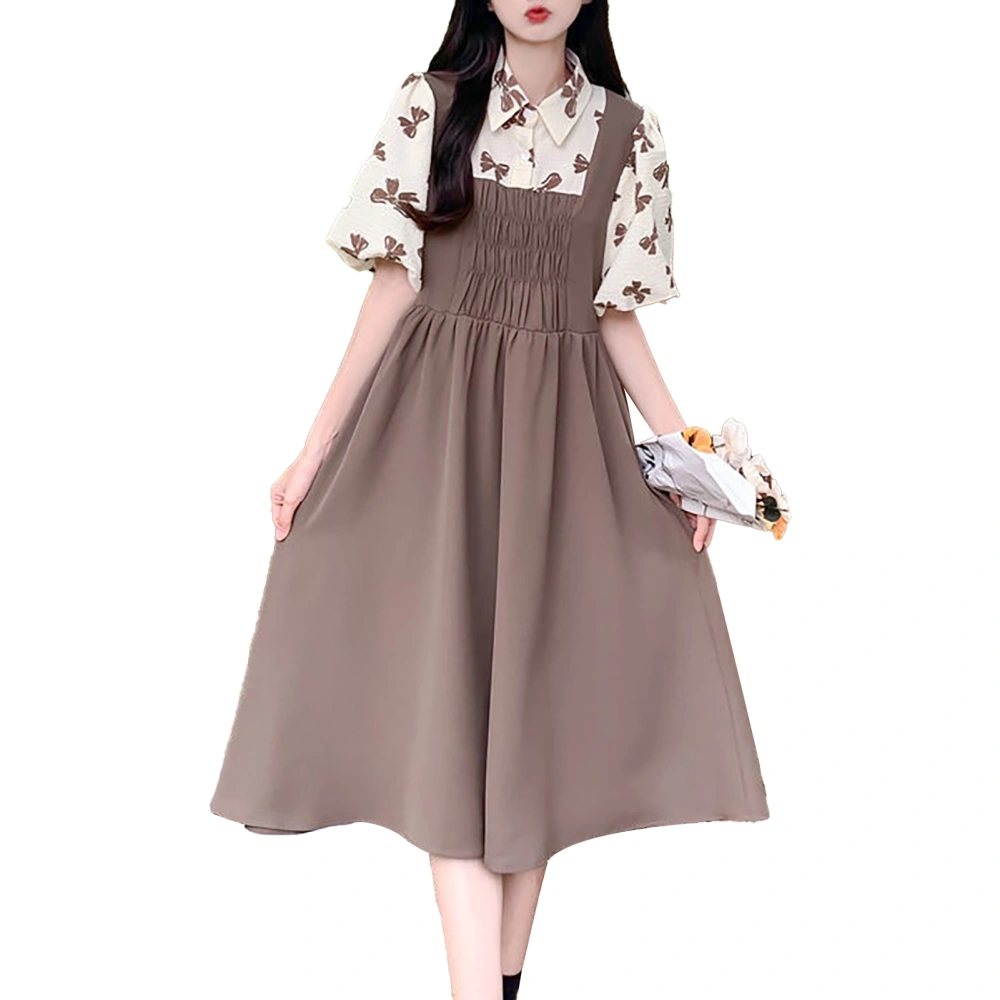 Women Dress Short Puff Sleeve Turn Down Collar Elastic Waist Fake Two Pieces Dress for School Party Daily Chocolate Color M