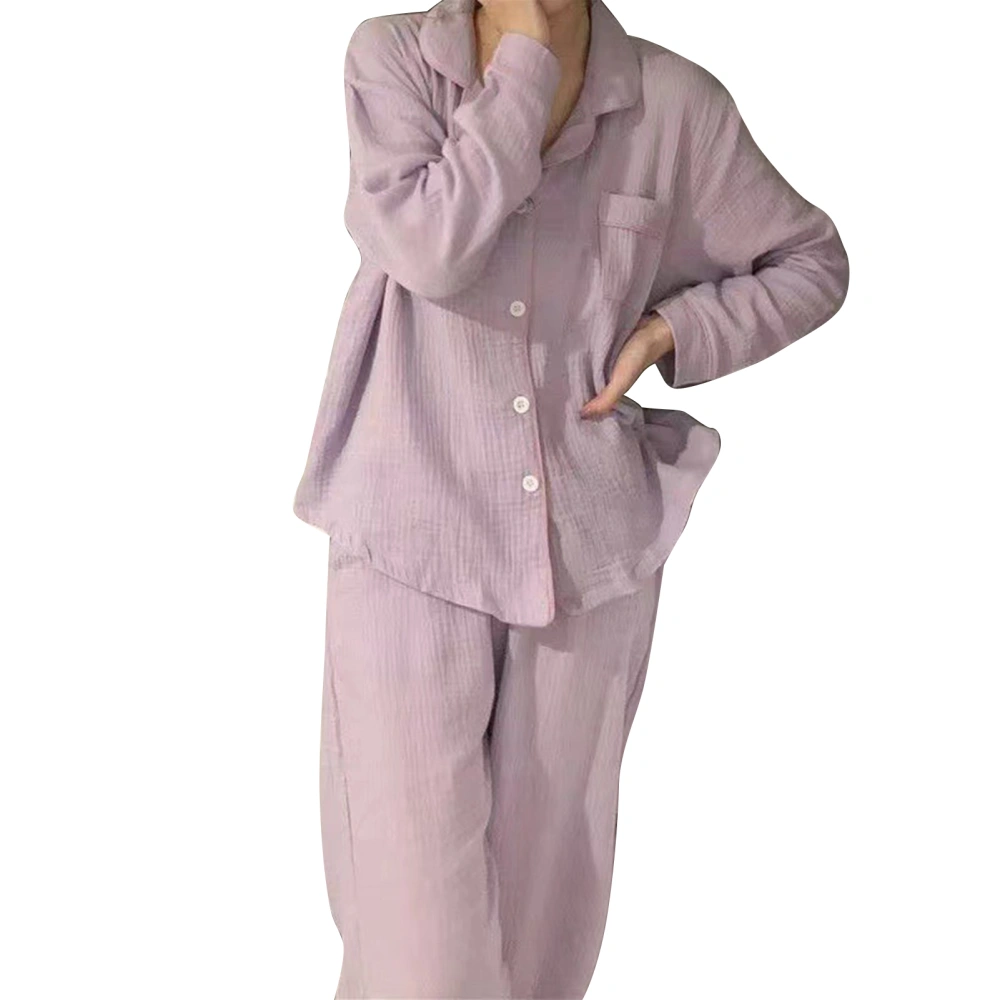 Pajamas Set Button Up Notch Collar Long Sleeved Front Pocket Loungewear Kit for Women Night Purple L