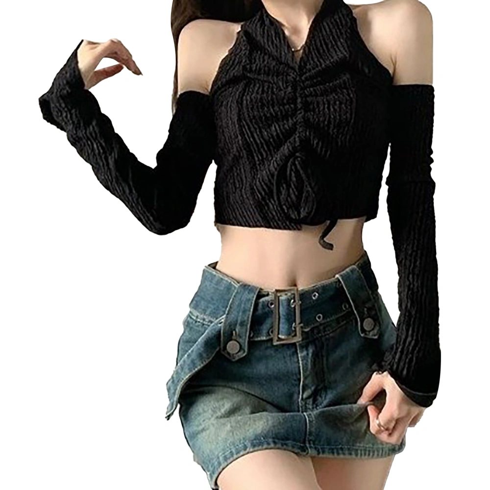 Halter Neck Drawstring Camisole Separate Sleeves Pure Color Lightweight Hot Fashionable Top for Women Black L 55.5-60kg