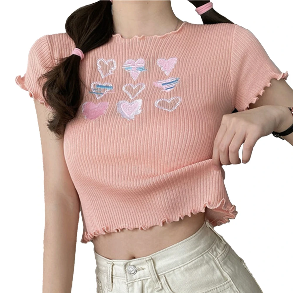 Women T Shirt High Waist Frill Trim Sweet Style Pretty Print Short Sleeve Top for Summer Pink Free Size