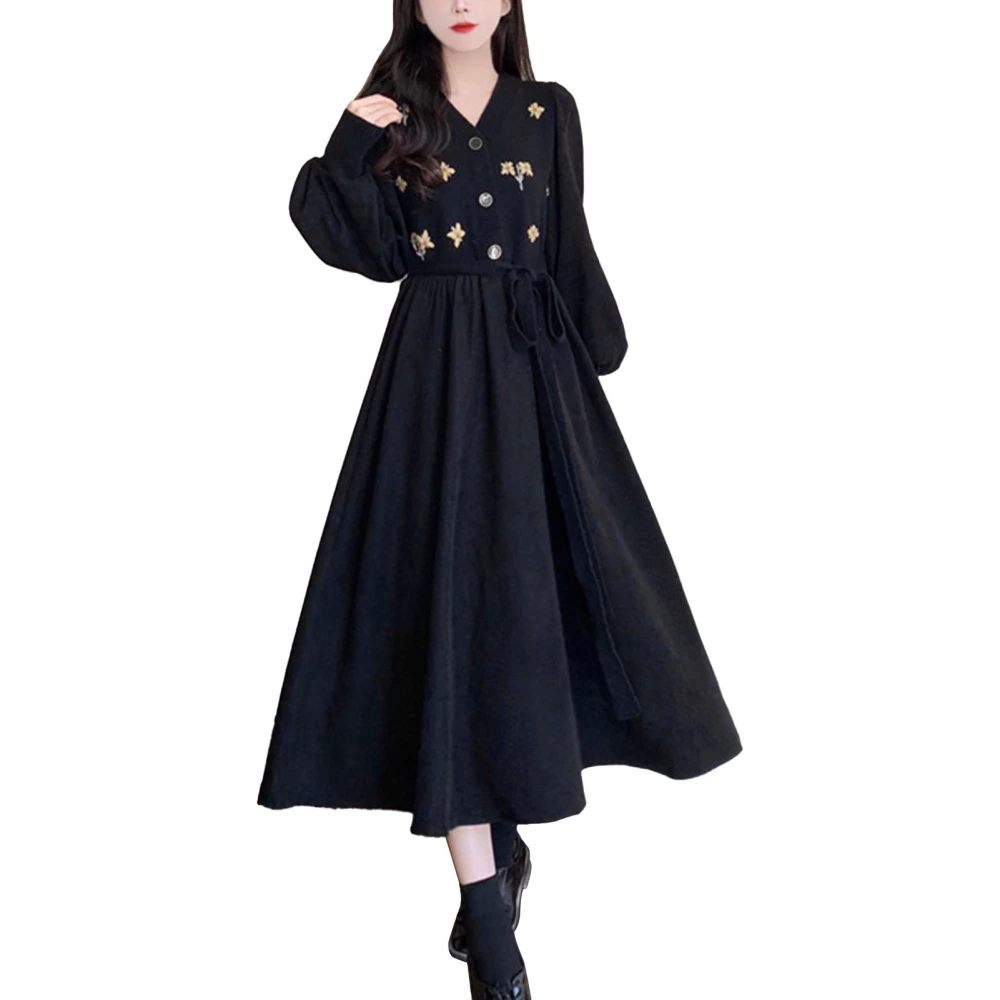 Long Sleeve Dress Black V Neck Elegant Vintage Style Embroidered Flower Women Tunic Dress for Party Office Shopping Black M